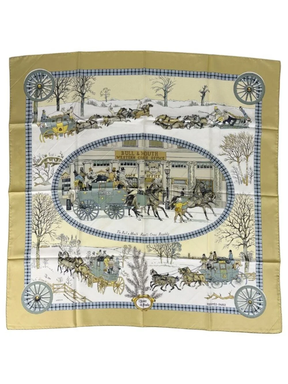 Hermes Carre 90 Lhiver en Poste Scarf Winter Mail Carriage Silk White Multicolor